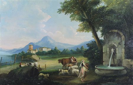 Maestro veneto inizio XIX secolo "Paesaggio con pastori" cm. 54x35 - olio su...