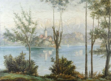 Maksim Gaspari 1883-1980 "Il lago di Bled" cm. 56x78 - olio su tela Firmato...