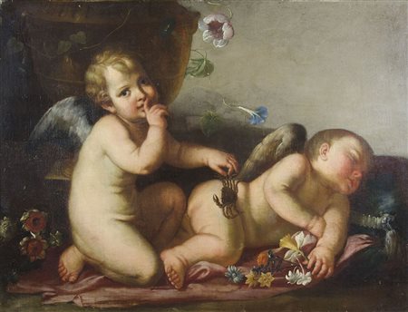 Maestro romana del XVII secolo "Putti con fiori" cm. 76x99 - olio su tela...