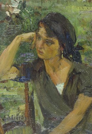 Alessandro Milesi Venezia 1856-1945 "Donna pensosa" cm. 27x19 - olio su...