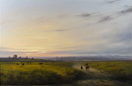 Giuseppe Canella 1788-1847 "Campagna romana al tramonto" cm. 58x90 - olio su...