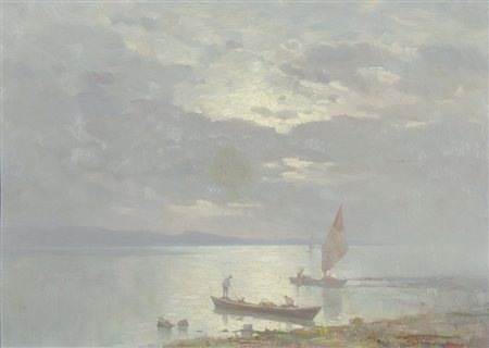 Emo Mazzetti 1870-1955 "Pescatori al tramonto" cm. 30x42 - olio su compensato...