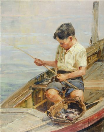 Angelo Brombo Chioggia 1893-1970 "Ragazzino fortunato" cm. 51x40 - olio su...