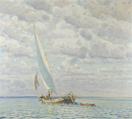 Ugo Flumiani Trieste 1876-1938 "Pescatori al largo" cm. 80x90 - olio su tela...