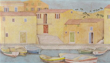 Marino Sormani Trieste 1926-1996 "Porticciolo a Lussingrande" cm. 45x80 -...