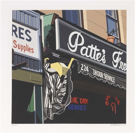 Robert Cottingham, Brooklyn 1935, Patte's, 1979, Acrilico su carta, cm....