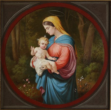 ARTISTA DEL XIX SECOLO Madonna con Bambino. . Olio su tela incollata su...