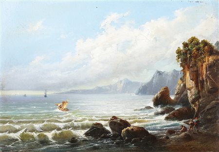 AMUS EUGENIO (1834 - 1899) Attribuito a. Marina con barche. . Olio su tela ....