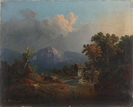 ARTISTA AUSTRIACO DEL XIX SECOLO Paesaggio montano con ruscello. 1878. Olio...