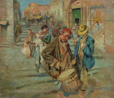 PELLICCIOTTI TITO (1871 - 1950) Suonatori ambulanti. . Olio su tavola. Cm...