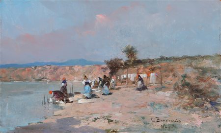 BRANCACCIO CARLO (1861 - 1920) Lavandaie al fiume. Olio su tavola. Cm 25,00 x...