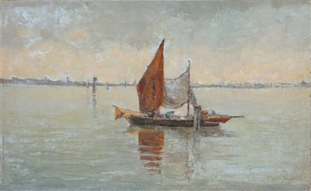 FRAGIACOMO PIETRO (1856 - 1922) Pescatori in laguna. Olio su tela applicata...