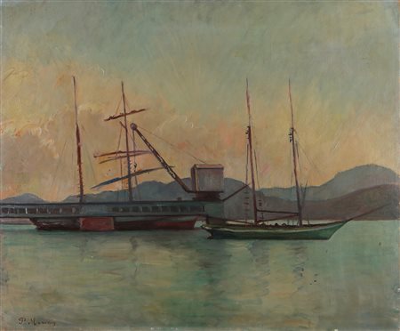 MARUSSIG PIERO (1879 - 1937) Cantiere Ligure. Olio su tela . Cm 90,00 x...