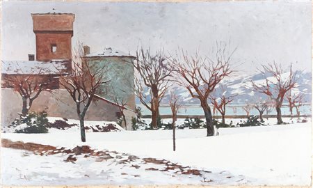 LOMBARDI LUIGI (1853 - 1940) Predore sotto la neve. . 1887. Olio su tela . Cm...