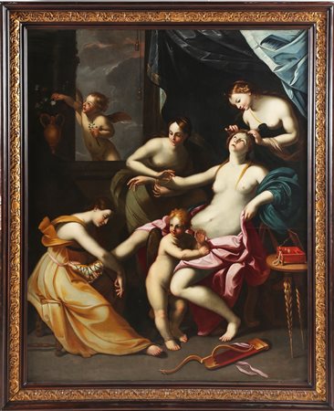 ARTISTA EMILIANO DEL XVII SECOLO La vestizione di Venere. Olio su tela . Cm...