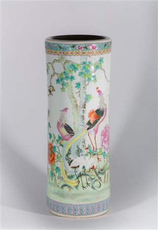 Arte Cinese Portaombrelli in ceramica policroma dipinto con gallo ed elementi...