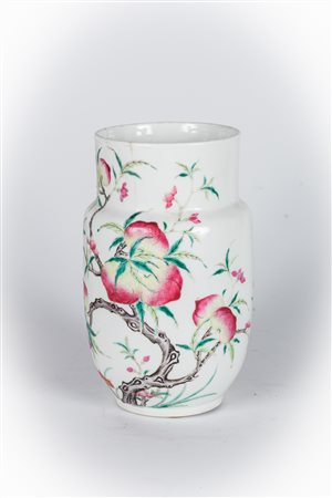 Arte Cinese Vaso in porcellana famiglia rosa dipinto con pesche. Marchio alla...