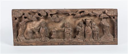 Arte Cinese Architrave in legno scolpito con figure Cina, periodo Ming, XVI...