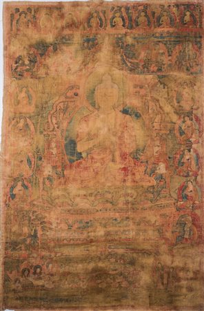 Arte Himalayana Thangka raffigurante Sakyamuni Tibet, XVI secolo . -. Cm...