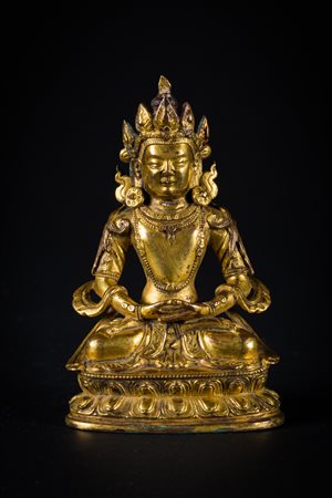 Arte Himalayana Statua in bronzo dorato raffigurante Amitayus Cina/Tibet,...