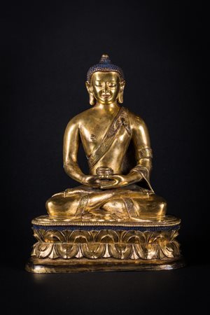 Arte Cinese Scultura in bronzo dorato raffigurante Amitabha, scuola di...