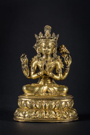 Arte Himalayana Statua in bronzo dorato raffigurante Avalokitesvara Cina,...