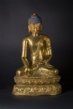 Arte Himalayana Grande scultura in rame dorato raffigurante Buddha Sakyamuni...