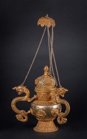 Arte Himalayana Incensiere in argento parzialmente dorato Tibet, XIX secolo ....