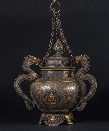 Arte Himalayana Incensiere in argento parzialmente dorato Tibet, metà XIX...