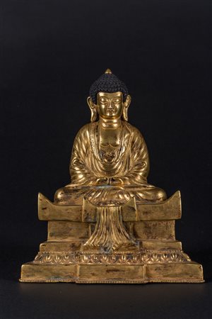 Arte Himalayana Statua in bronzo dorato raffigurante Amitabha Nepal, XX...