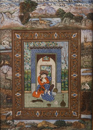 Arte Islamica Minaitura in stile Safavide raffigurante una coppia Persia, XX...