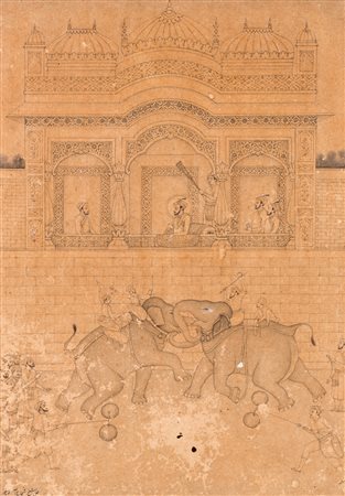 Arte Indiana Disegno raffigurante un combattimento tra elefanti firmato da...