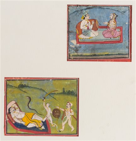 Arte Indiana Pagina di manoscritto con tre miniature entro passepartout...
