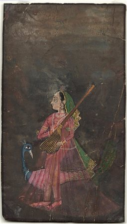 Arte Indiana Miniatura raffigurante Saraswati con il pavone India, XVIII -...