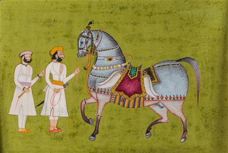 Arte Indiana Miniatura raffigurante un cavallo e due stallieri India,...