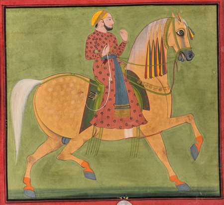 Arte Indiana Ritratto equestre di un thakur a cavallo India, Rajasthan,...