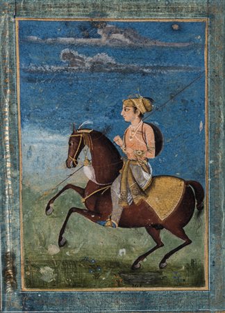 Arte Indiana Miniatura indiana raffigurante un nobile a cavallo India,...