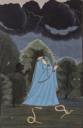 Arte Indiana Miniatura raffigurante Abhisarika Nayika che incontra una strega...