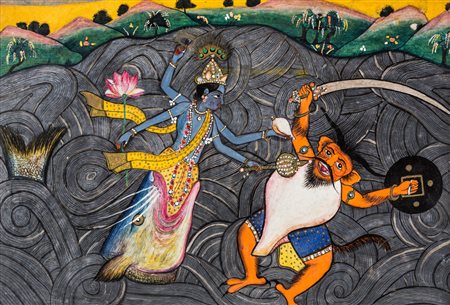 Arte Indiana Miniatura raffigurante Vishnu che uccide il demone che rubò i...