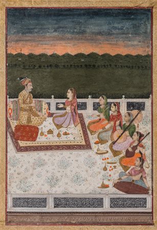 Arte Indiana Miniatura raffigurante una nobile coppia con musicanti India,...