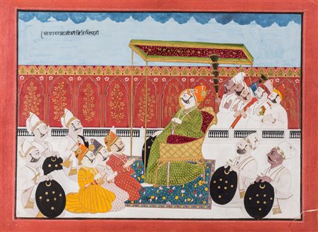 Arte Indiana Dipinto raffigurante una scena di corte con Maharaja India,...