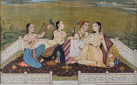 Arte Indiana Miniatura indiana raffigurante una coppia con musicanti India,...