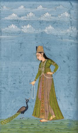 Arte Indiana Miniatura raffigurante una dama con pavone India, Deccan, XVIII...