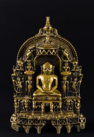 Arte Indiana Altare Jaina in bronzo raffigurante il Tirtankara Shantinata...