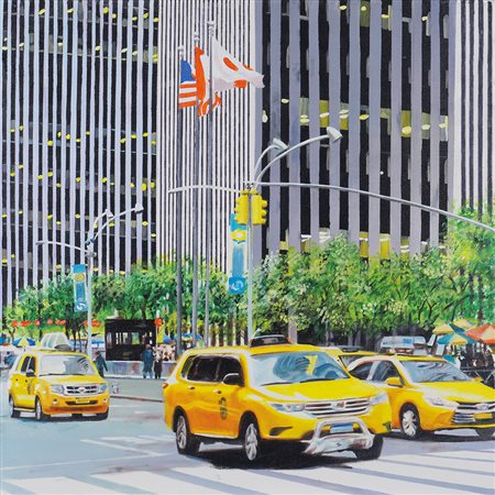 Stefano Altieri Roma 1970 60x60 cm. "Taxi a NYC", acrilico su tela, autentica...