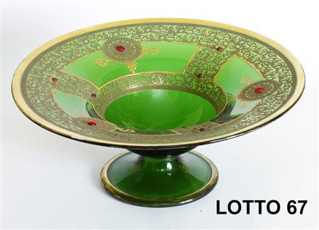 VASO CENTROTAVOLA IN VETRO VERDE CON DECORAZIONI LUMEGGIATE IN ORO E PIETRE...