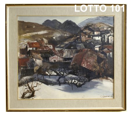 LEONARDI DIPINTO OLIO SU TELA RAFF. PAESAGGIO CON CASE MIS. 70 X 60