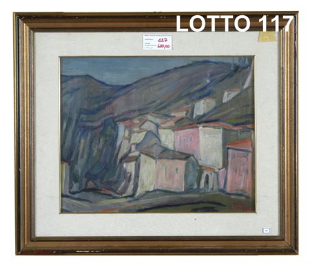 LUIGI ARRIGONI (1896 - 1964) DIPINTO OLIO SU TAVOLA RAFF. PAESAGGIO CON CASE...