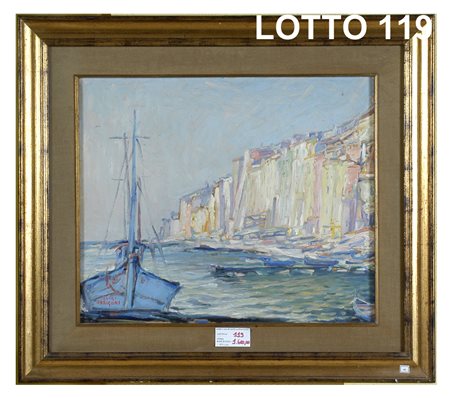 LUIGI ARRIGONI (1896 - 1964) DIPINTO OLIO SU TAVOLA RAFF. MARINA CON BARCHE...