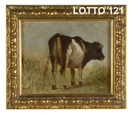 LUIGI STEFFANI (1827 – 1898) DIPINTO OLIO SU CARTONE RAFF. MUCCA MIS. 32 X 26